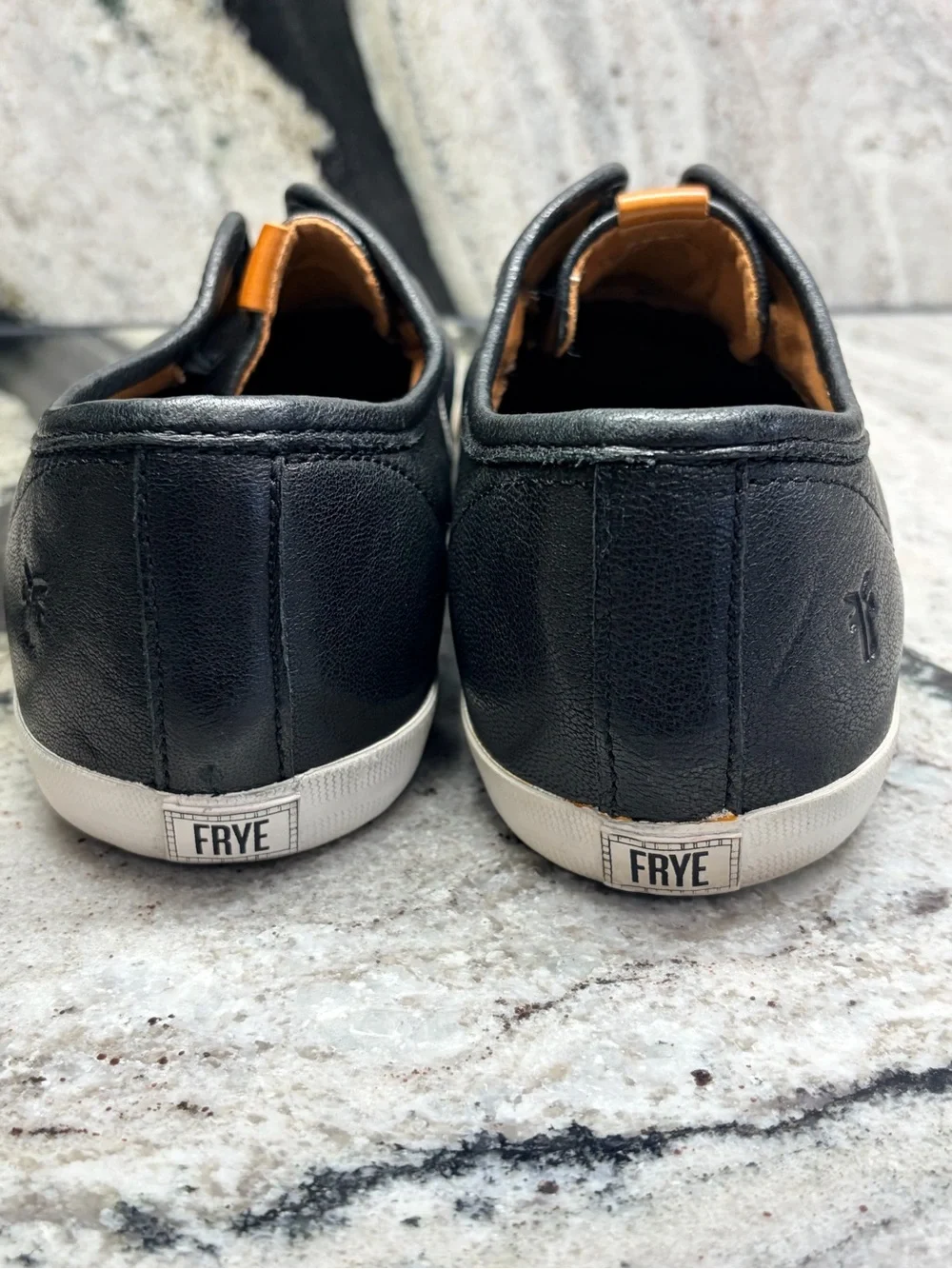 Frye Women’s 7.5 Black Leather Slip-On Sneakers Loafers White Sole